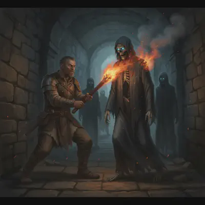 Vorn drives a torch into a robed skeleton in a dark corridor